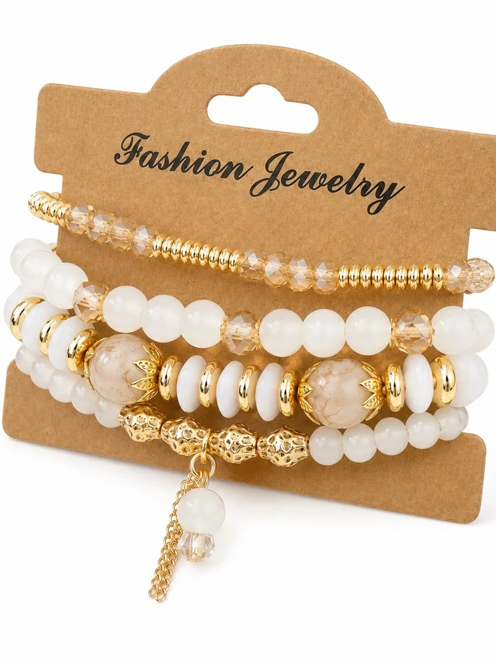 White Beaded Bracelet Stack Gold Tone Crystal Charm Boho Stretch Boutique Set